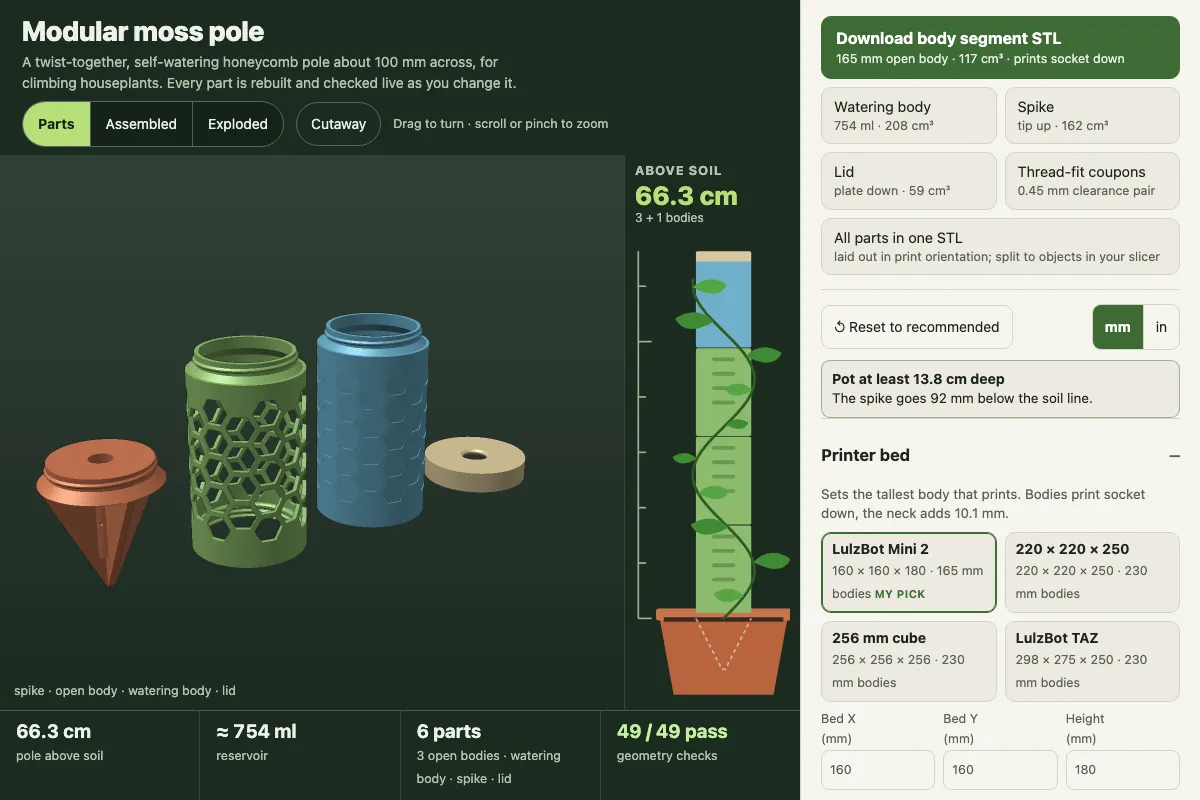 The moss pole configurator on Good Tools: a 3D view of the pole's printed parts, a drawing of the assembled pole in a pot, and the download and printer settings.